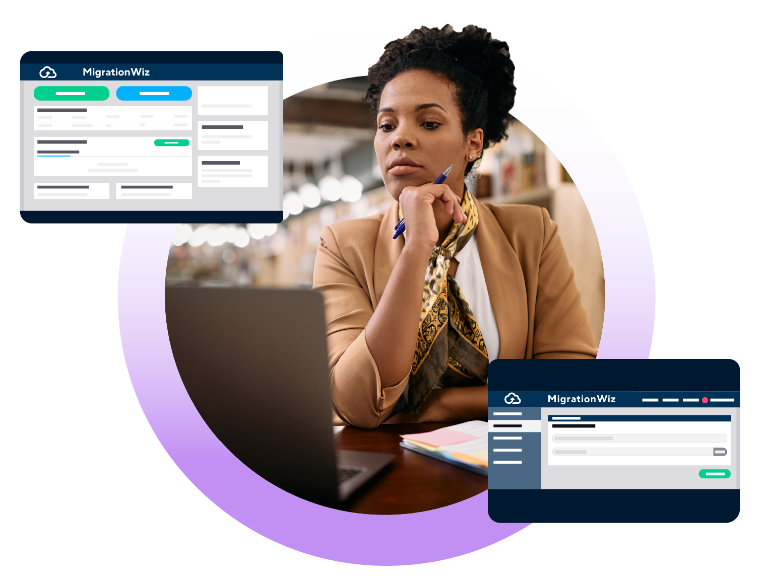 Woman using MigrationWiz on laptop