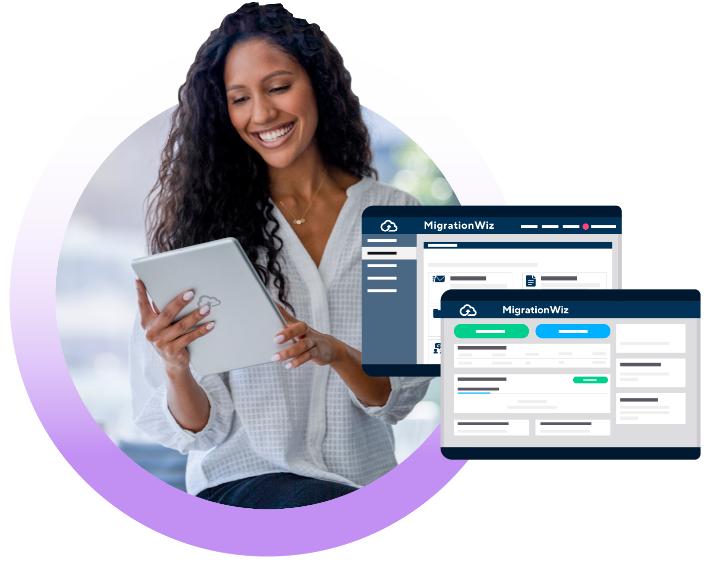Woman on tablet accessing MigrationWiz dashboard